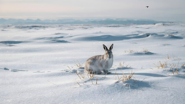 A wild arctic hare resting in a snowy, frozen landscape with distant mountains under a soft, bright winter sky in the wilderness