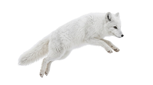 Arctic fox jumping in mid-air, wild white fox leaping with fluffy winter fur, predatory polar animal in motion isolated PNG with Transparent Background