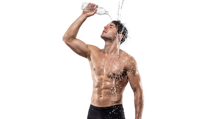 Fototapeta premium Athletic shirtless man pouring water over head, muscular male athlete cooling down after workout, fit bodybuilder refreshing with cold water isolated PNG with Transparent Background