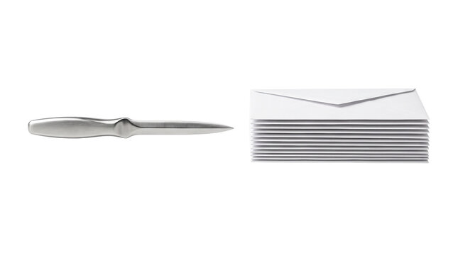 Vintage silver letter opener with stack of white envelopes. Elegant metal paper knife for mail. Professional office stationery set. isolated PNG with Transparent Background