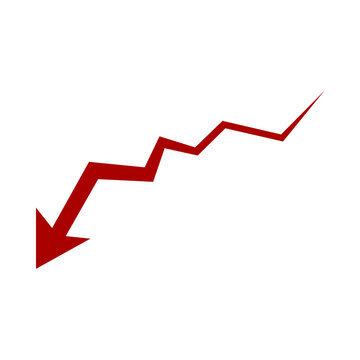 Thick red downward arrow with zigzag trail showing major market crash or economic crisis isolated on white background for financial loss or business failure concept illustration with vector design.