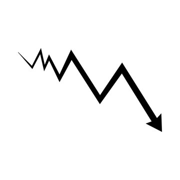 Black falling arrow zigzag graph showing market crash or economic decline isolated on white background for financial failure or business crisis concept illustration with simple sharp vector symbol.