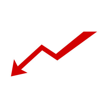 Red arrow pointing down diagonally representing a decrease in business, financial, or economic trends on a white background, symbolizing decline, loss, or negative growth.