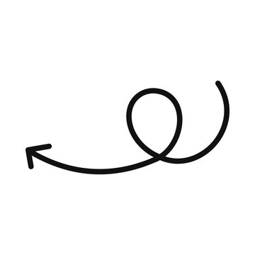 Black thin doodle hand drawn arrow indicates direction to left with a loop in the middle on isolated white background ready for cut out as a design element concept.