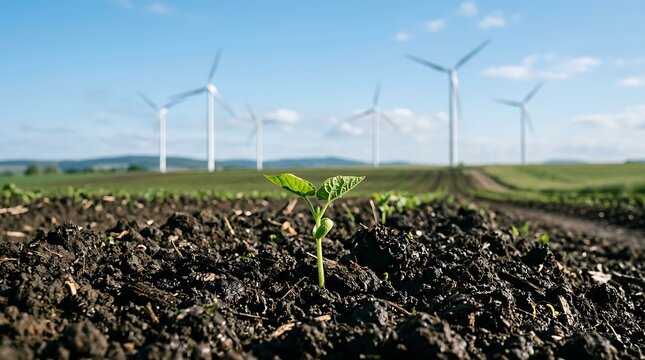 Small green plant sprout growing in dark soil with wind turbines in the background on a bright sunny summer day