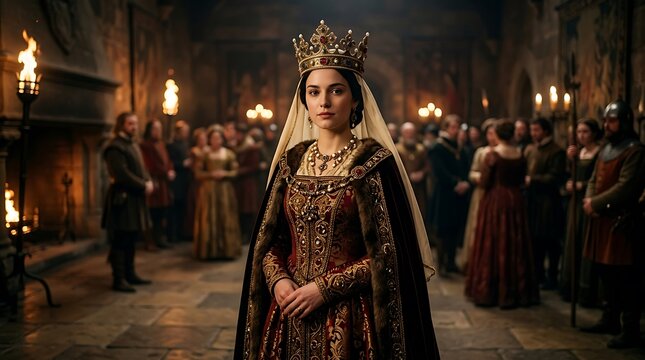 Beautiful medieval queen wearing a golden crown and royal velvet dress standing in a dark candle lit stone castle hall