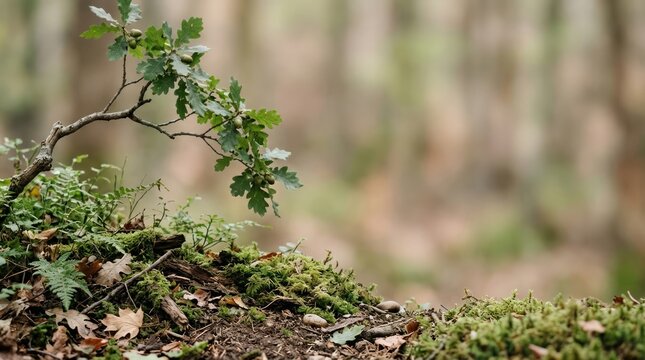 Green oak sapling growing in mossy forest ground