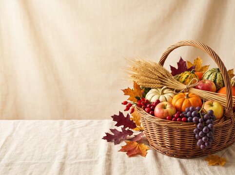 Autumn harvest basket with pumpkins, apples, grapes, wheat and fall leaves for thanksgiving with copy space