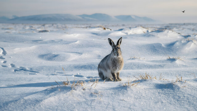 An arctic hare sitting alert in a vast, snow-covered field with distant mountains under a soft, pale winter sky in the wilderness