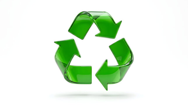 Recycling Symbol Icon: A glossy, emerald green recycling symbol crafted from glass, signifying ecological sustainability and responsible resource management.