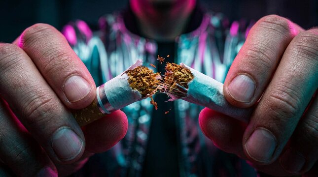 Person Breaking A Cigarette To Quit Smoking With Neon Lighting.