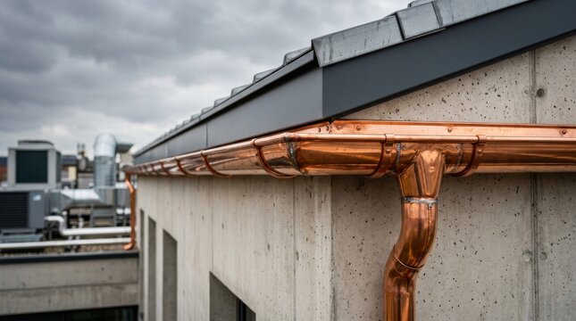 Copper Gutter Installation on Modern Concrete Building Exterior.