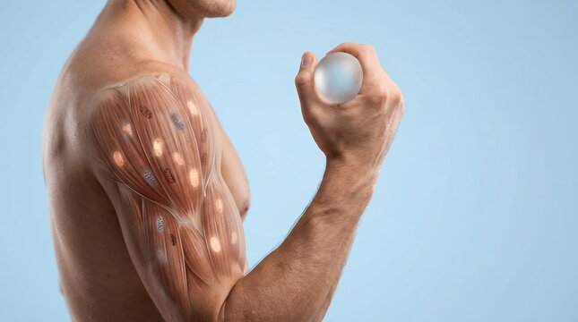Human shoulder and arm anatomy showing muscle structure with glowing nodes and a person holding a sphere