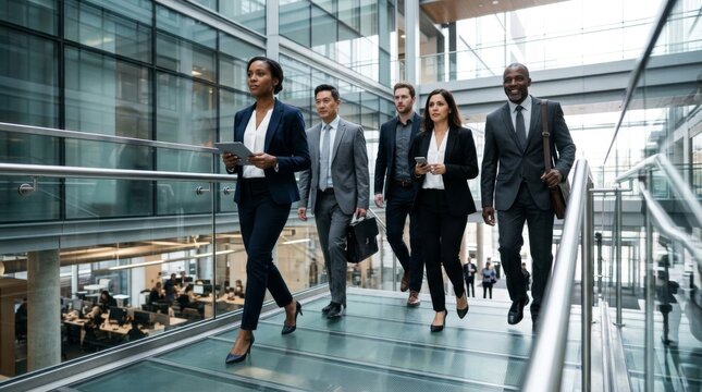 Diverse Professional Business Team Walking Through Modern Corporate Office Building.
