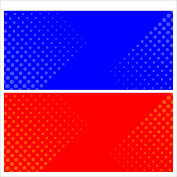 A colorful graphic design featuring blue and red dots on a white background