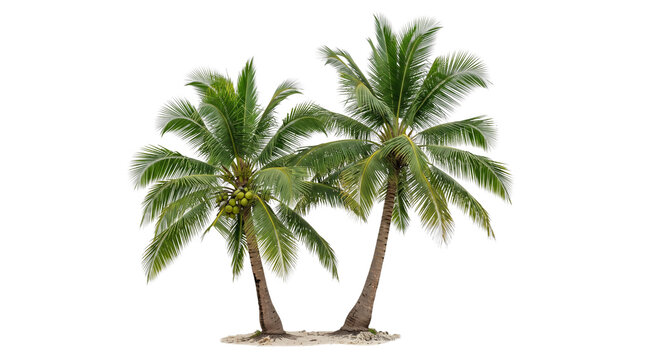 Tropical coconut palm trees with green fronds, exotic island palm tree pair, summer vacation and coastal travel concept isolated PNG with Transparent Background
