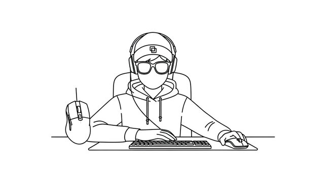 Young gamer in hoodie and headphones playing computer games line art illustration