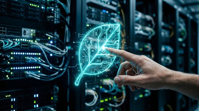 A close up of a hand touching a glowing digital leaf icon representing sustainable green computing and energy efficient technology