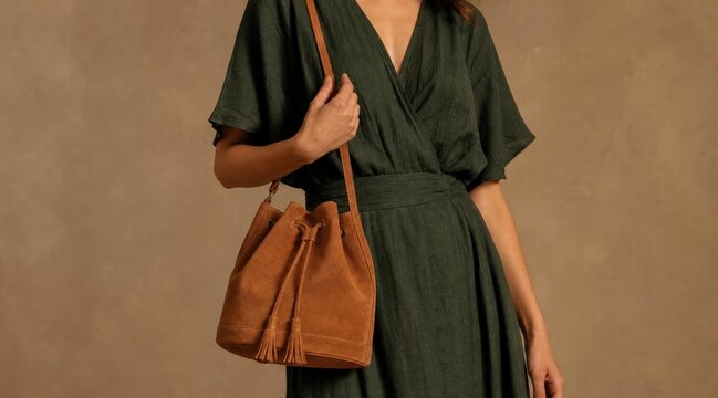 Stylish woman wearing a dark green dress with a tan leather bucket bag.