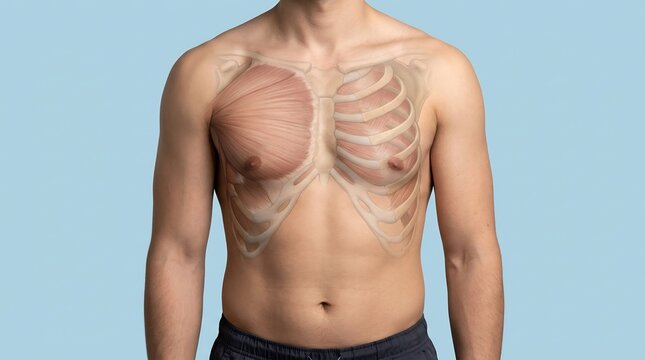 Medical illustration of a male human torso showing the anatomical structure of the pectoral muscles and rib cage