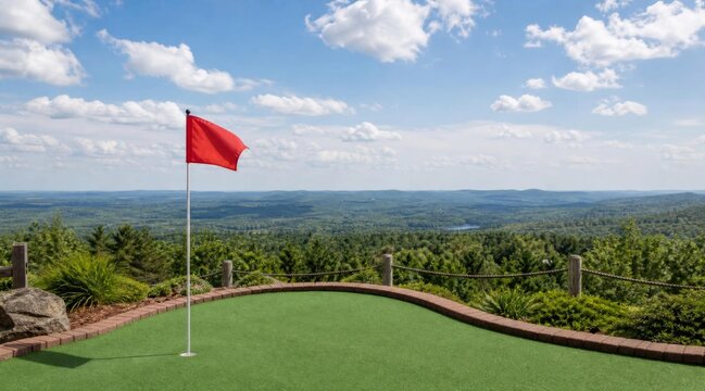 Miniature golf hole on a scenic hilltop overlooking a vast landscape.