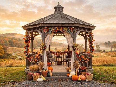 Autumn gazebo decorated with pumpkins and fall foliage in a misty field