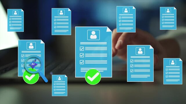  Employee approval process management. Digital documents with check marks verified staff records and online HR management.