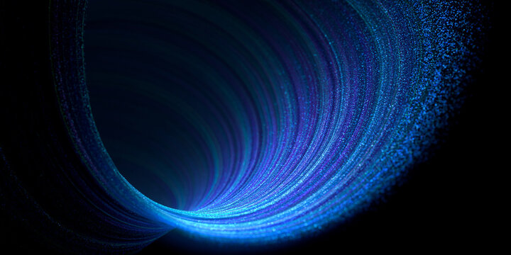 Abstract blue particle tunnel with depth of field. Glowing particle vortex dynamic background, glowing glitter particles