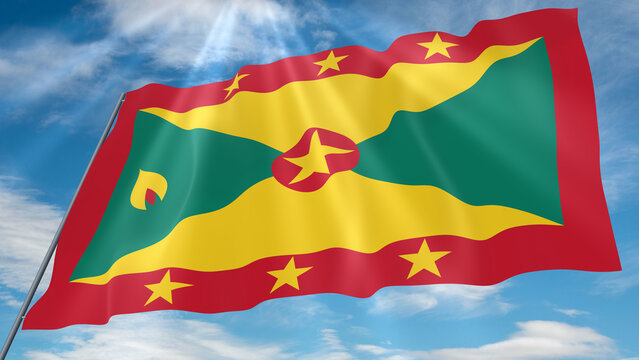 Grenada Waving Flag on Blue Sky Background