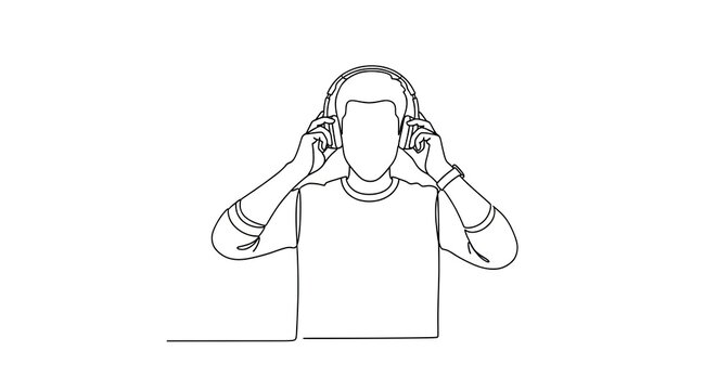 Minimalist continuous line drawing of a young man wearing headphones for music