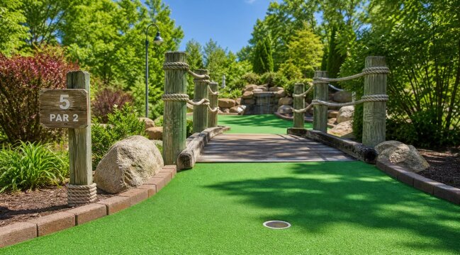 Miniature golf course hole number six with a wooden rope bridge.