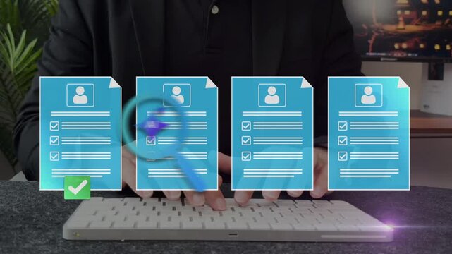  Employee approval process management. Digital documents with check marks verified staff records and online HR management.