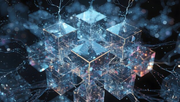 Glowing interconnected cubes with digital network connections