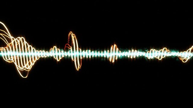 Futuristic glowing cyan and orange audio waveform equalizer with electric energy and spiral coils pulsating on a solid black background for techno and trance DJ music visualization