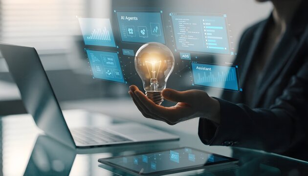 Hand holding glowing light bulb with holographic data