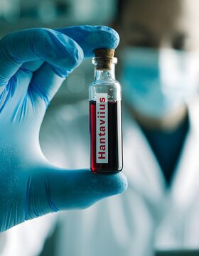 Hand in blue glove holds vial with red liquid labeled "hantavirus