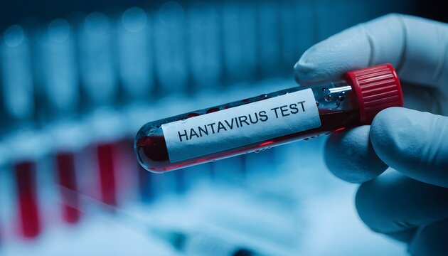 Hand in glove holds test tube labeled hantavirus test