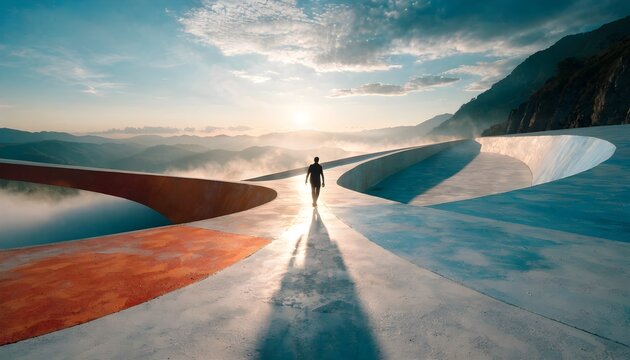 Lone figure walks on a curved pathway towards the sunrise
