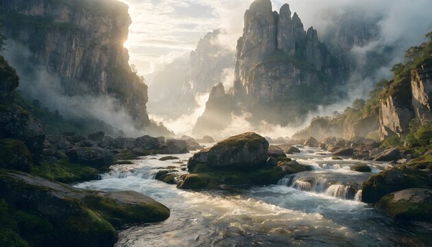 Misty mountain river flowing through rocky terrain at sunrise