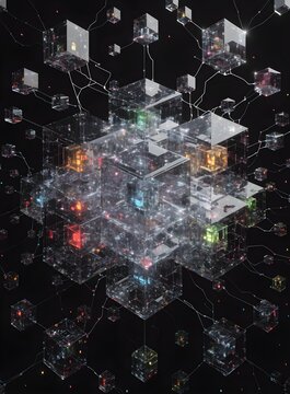 Network of glowing cubes with interconnected lines on black background