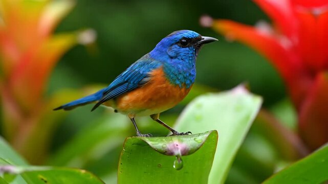 A small blue and orange bird rests on a green leaf surrounded by tropical bromeliad plants