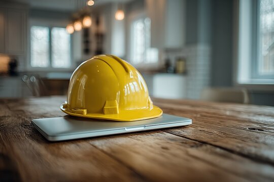 Yellow hard hat on laptop on wooden table, construction concept