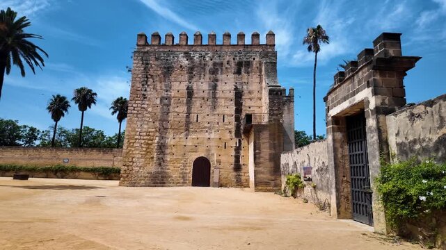 Pan across Torre Ponce de Leon at Alcazar, Jerez de la Frontera, Spain
