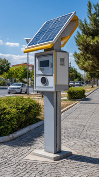 solar powered parking meter in urban street setting