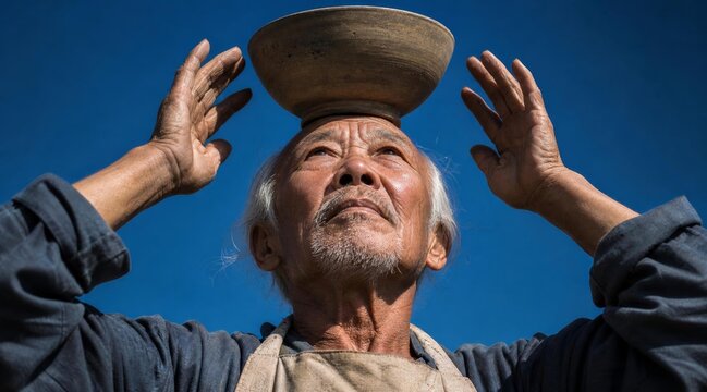 An elderly Asian artisan craftsman holding a handmade ceramic bowl on his head against a clear blue sky.