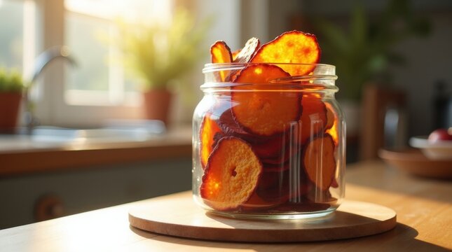 Jar of Homemade Dried Fruit Slices on a Wooden Table.