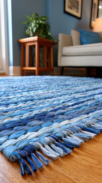 transparent upcycled denim rug woven texture blue
