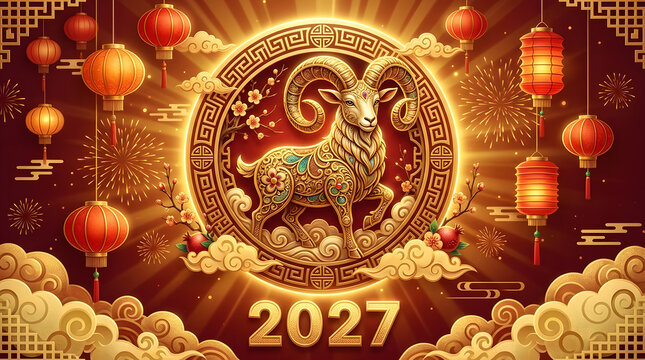 Golden Ornate Goat Zodiac Symbol for Chinese New Year 2027 with Red Lanterns Fireworks and Traditional Decorations