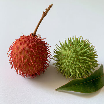 Two Fresh Red Rambutan Fruits Isolated on White Background