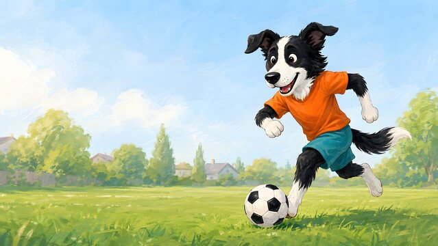 sports football animal illustration of playful border collie dog dribbling soccer ball in sunny park

